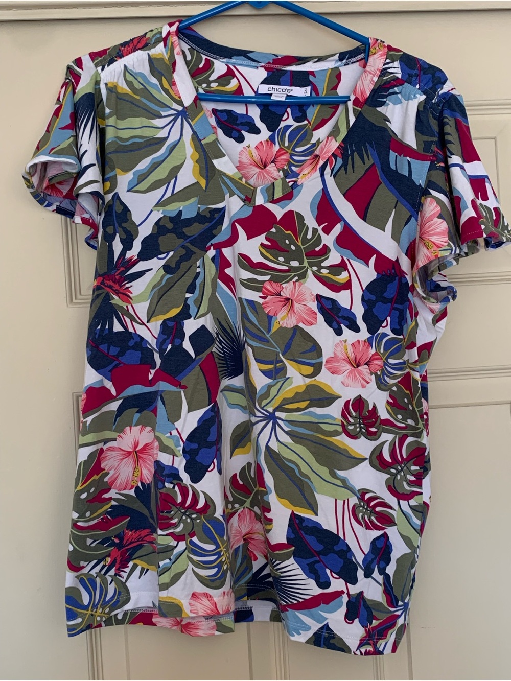 Chico's Tropical Floral V-Neck Top Flutter Sleeve Pima Cotton Modal Size 2 Large